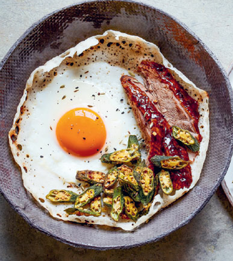 Indian spiced slow-cooked duck with egg hoppers & crispy okra recipe