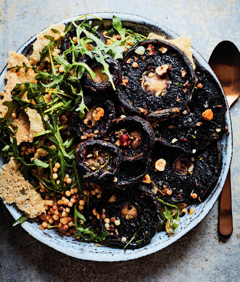 Roasted mushrooms with warm Fregola salad & Parmesan crisps recipe