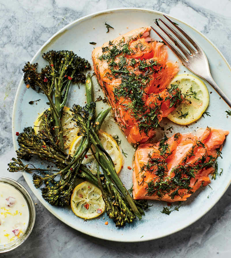 Slow-roasted sheet-pan salmon with broccolini and lemon recipe