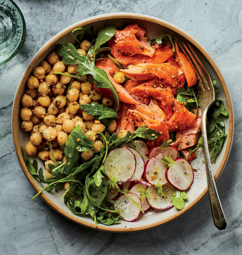 Spiced chickpeas with salmon, radishes, greens recipe