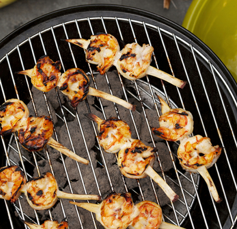 Sugarcane-skewered shrimp with coconut-lime glaze recipe