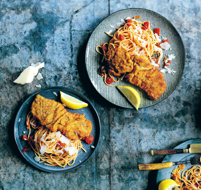 Veal schnitzels with spaghetti marinara recipe