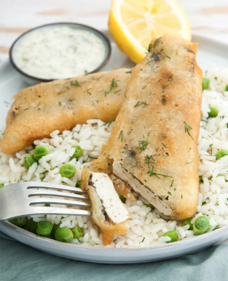 Vegan fish with lime-dill pea rice and tartar sauce recipe