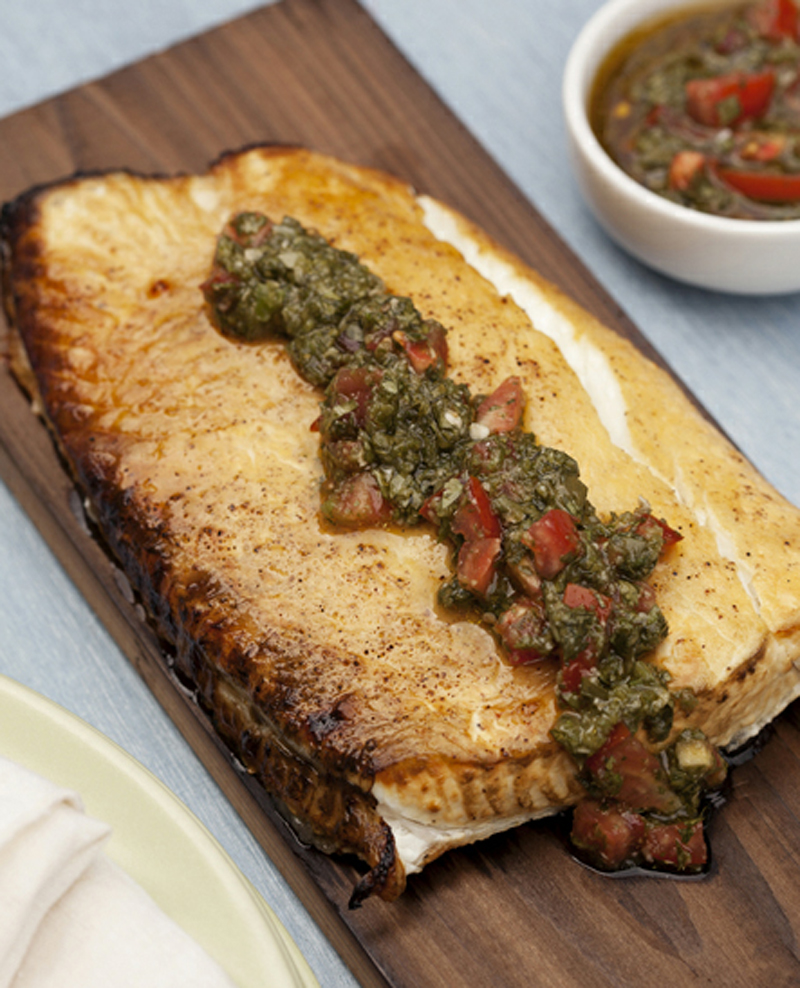 Wood plank-grilled halibut recipe