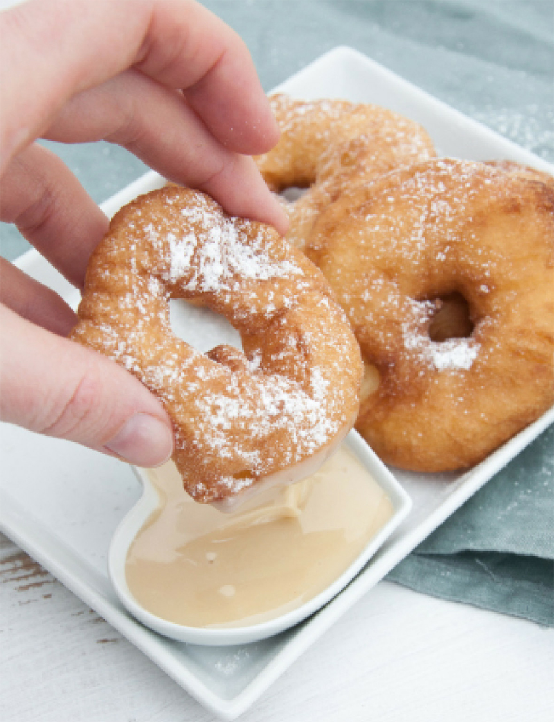 Apple fritter rings with almond maple dipping sauce recipe