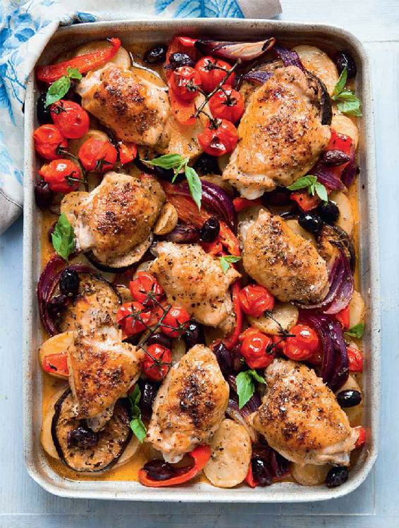 Chicken and roast vegetable tray bake recipe
