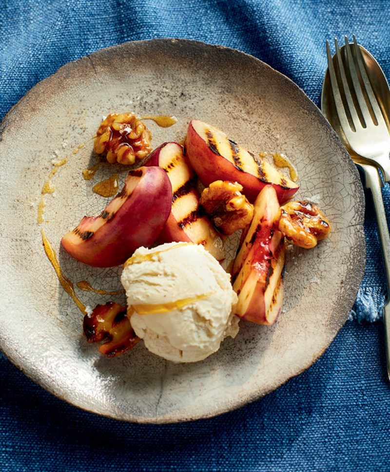 Griddled peaches with candied walnuts and ice cream recipe
