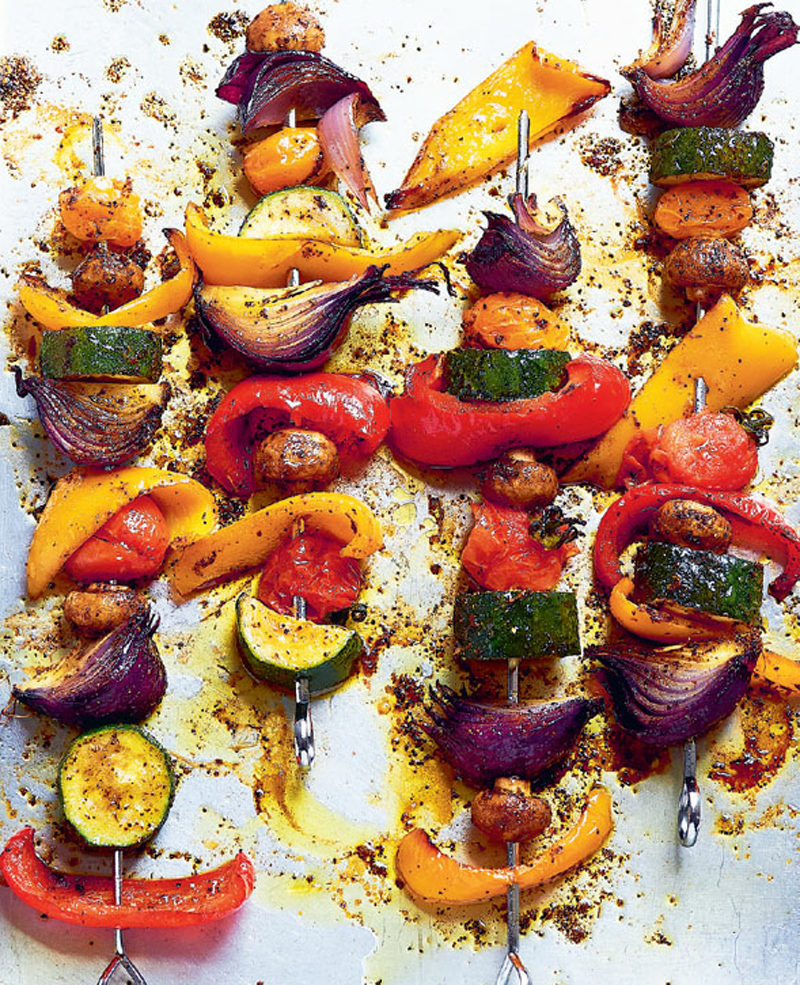 Jerk veggie skewers with celeriac, sultana & caper salad recipe