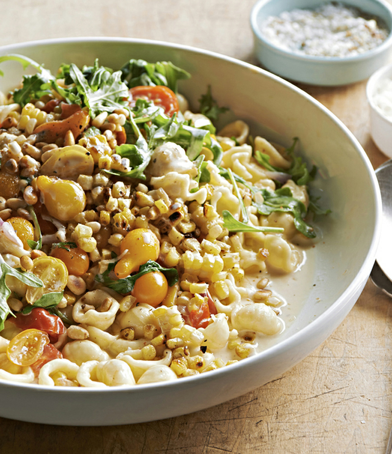 Orecchiette in creamed corn with wilted tomatoes and arugula recipe