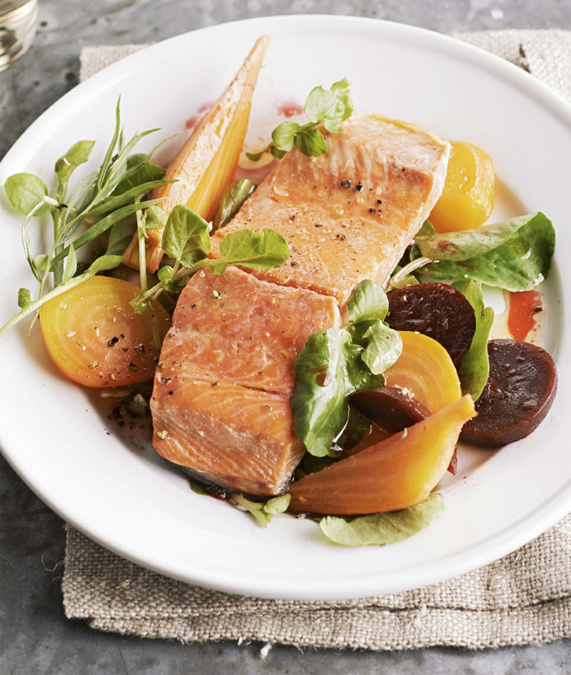 Pepper poached salmon and herbed beets recipe