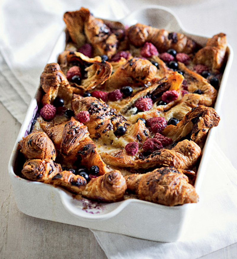 Raspberry and chocolate croissant and butter pudding recipe