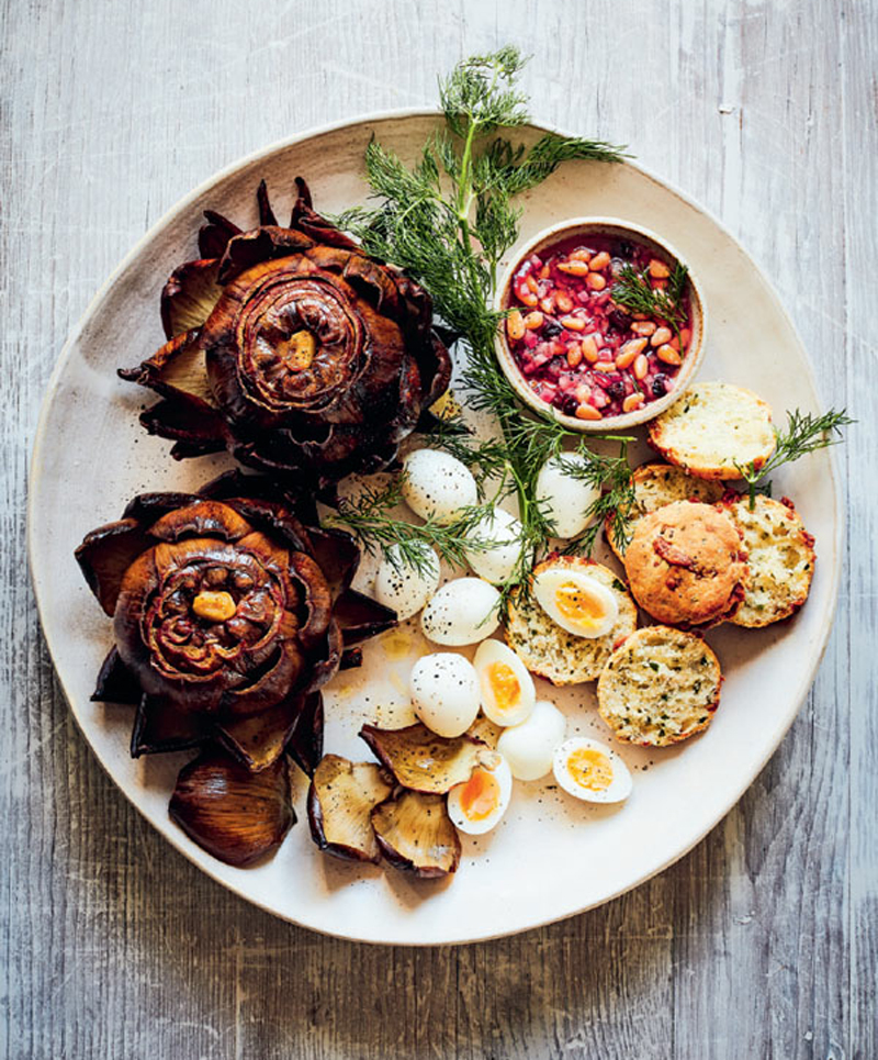 Roasted artichokes with herby scones recipe