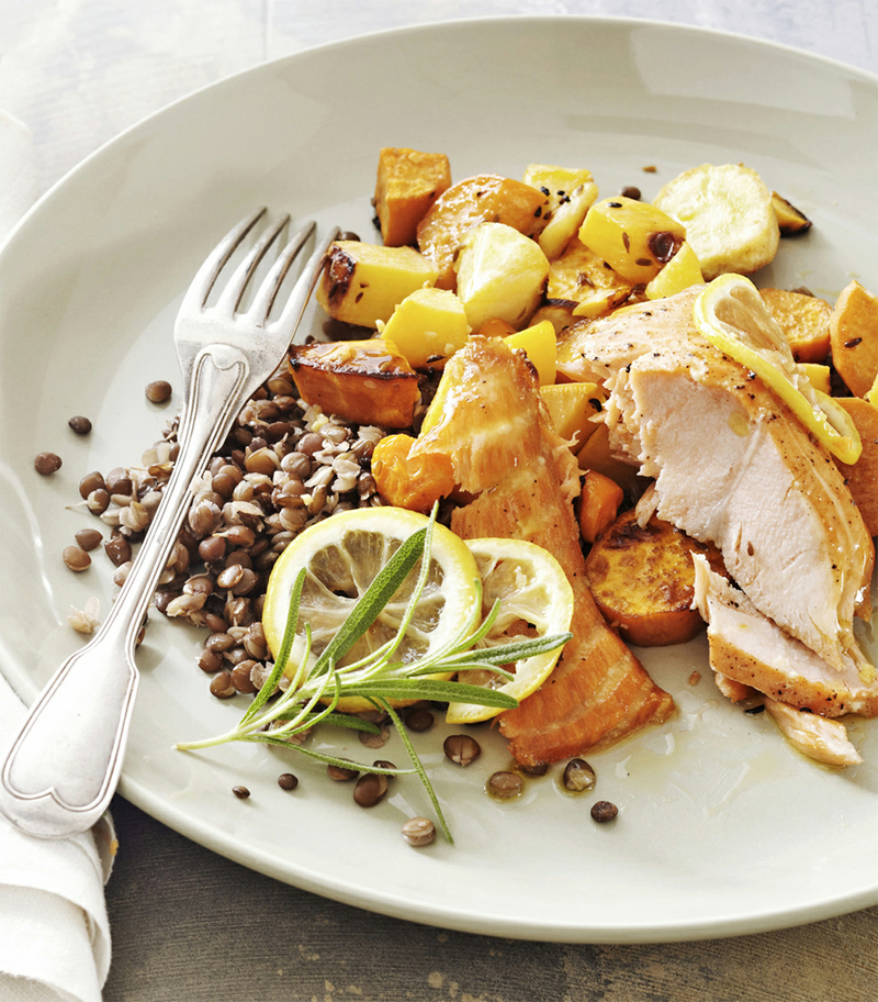 Rosemary salmon over roasted root vegetables and lentils recipe