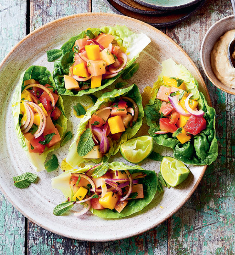 Salt-baked heritage beetroot & mango lettuce cups with nerigoma dressing recipe