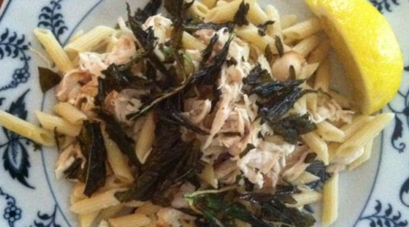 Shredded chicken pasta with fried basil and feta recipe