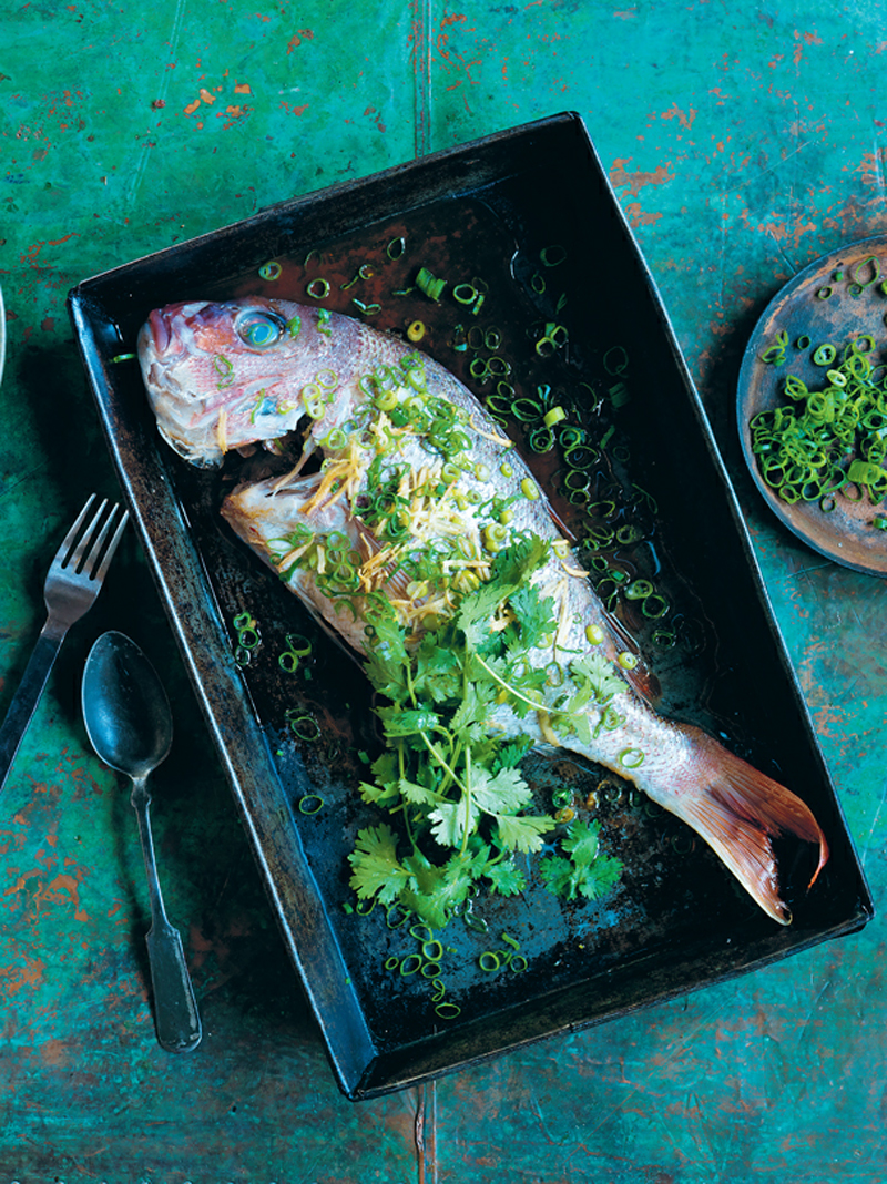 Steamed whole fish with ginger and spring onions recipe