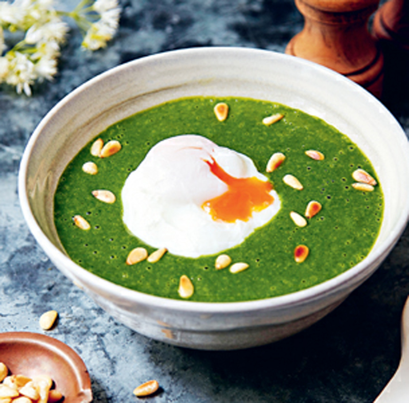 Wild garlic with poached eggs & pine nuts recipe
