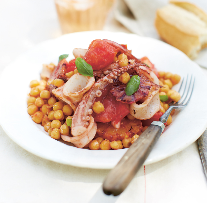 Baby squid with basil, blood orange, tomato, and chickpeas recipe