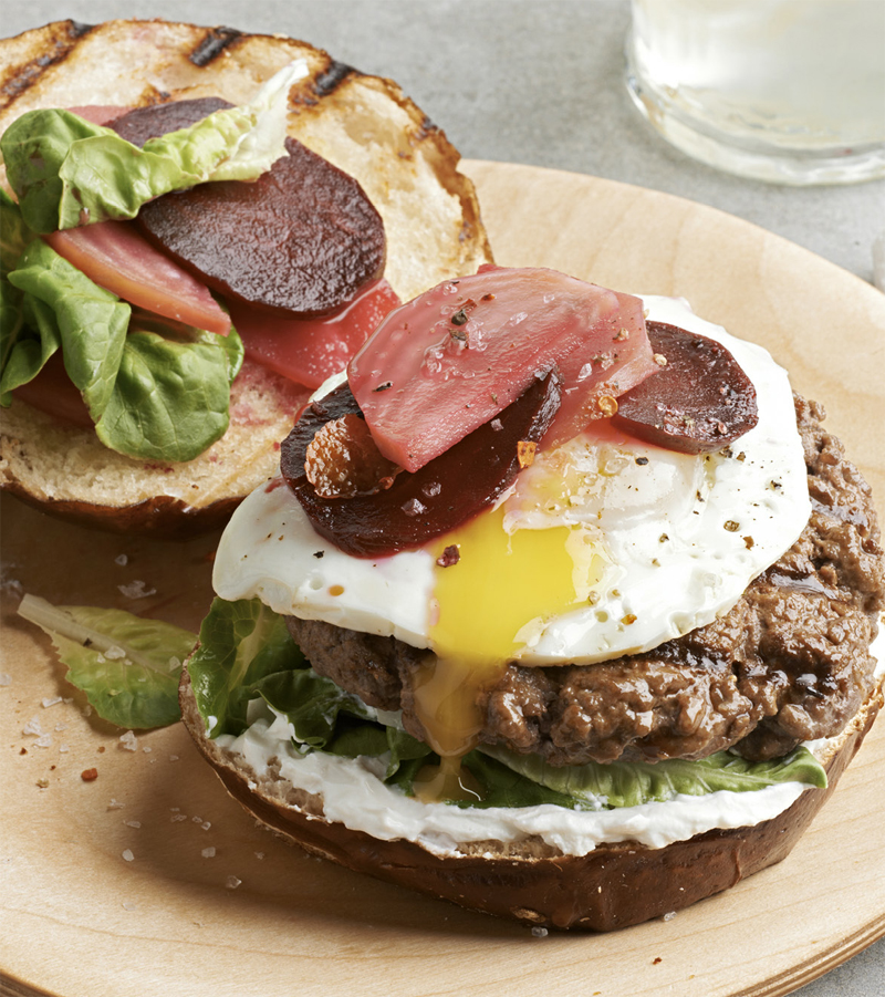Burger with pickled beets and fried egg recipe