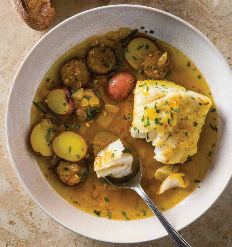 Hake in saffron broth with chorizo and potatoes recipe