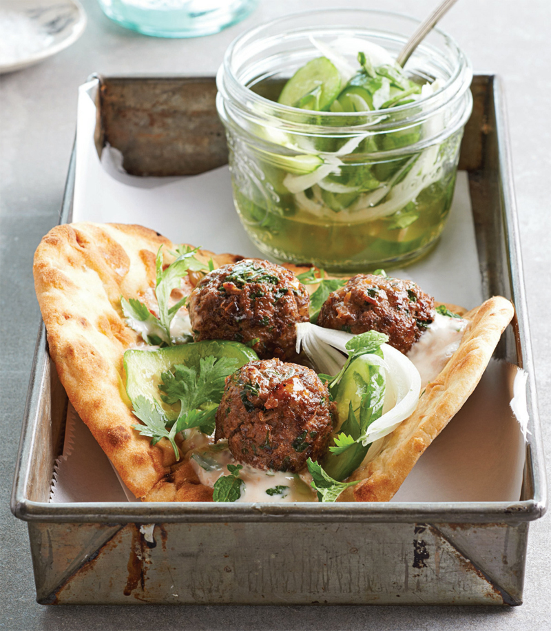 Lamb meatballs on flatbread with quick pickled cucumber salad recipe