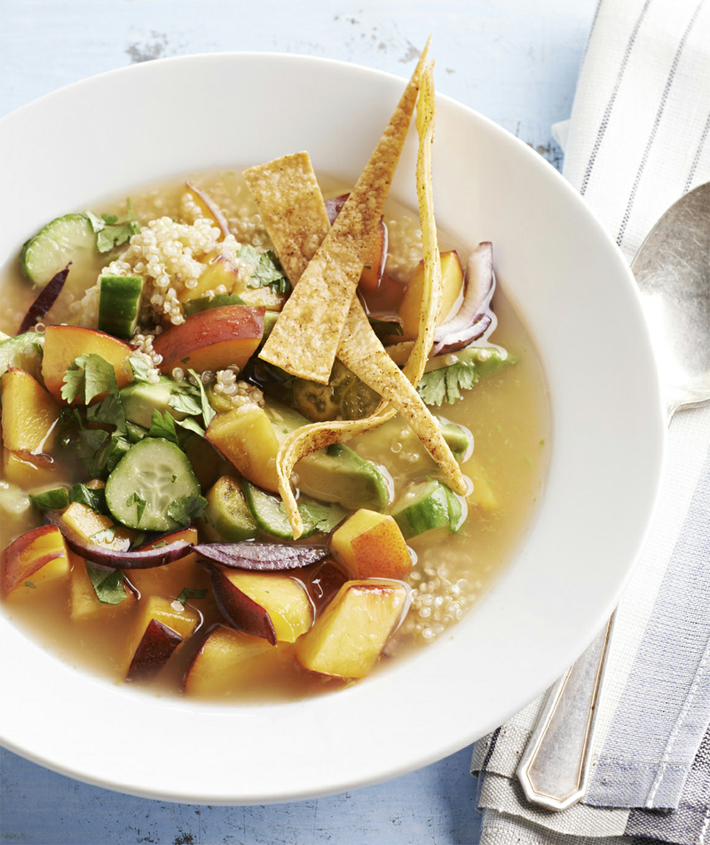 Quinoa-nectarine gazpacho with crispy-spice tortilla strips recipe