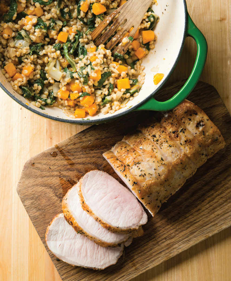 Roasted pork loin with barley, butternut squash, and swiss chard recipe