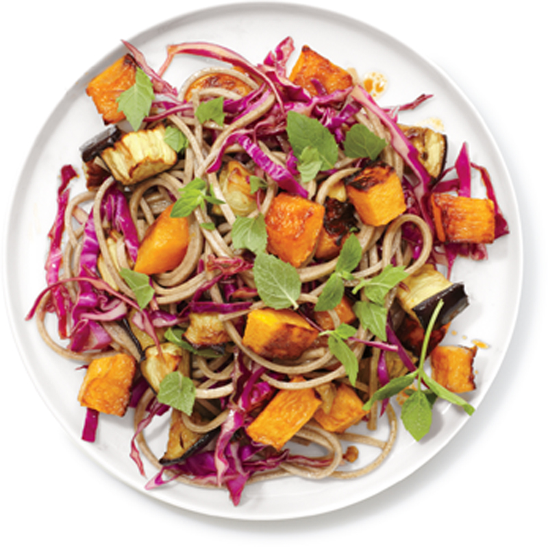 Roasted squash and eggplant with crispy soba noodles recipe