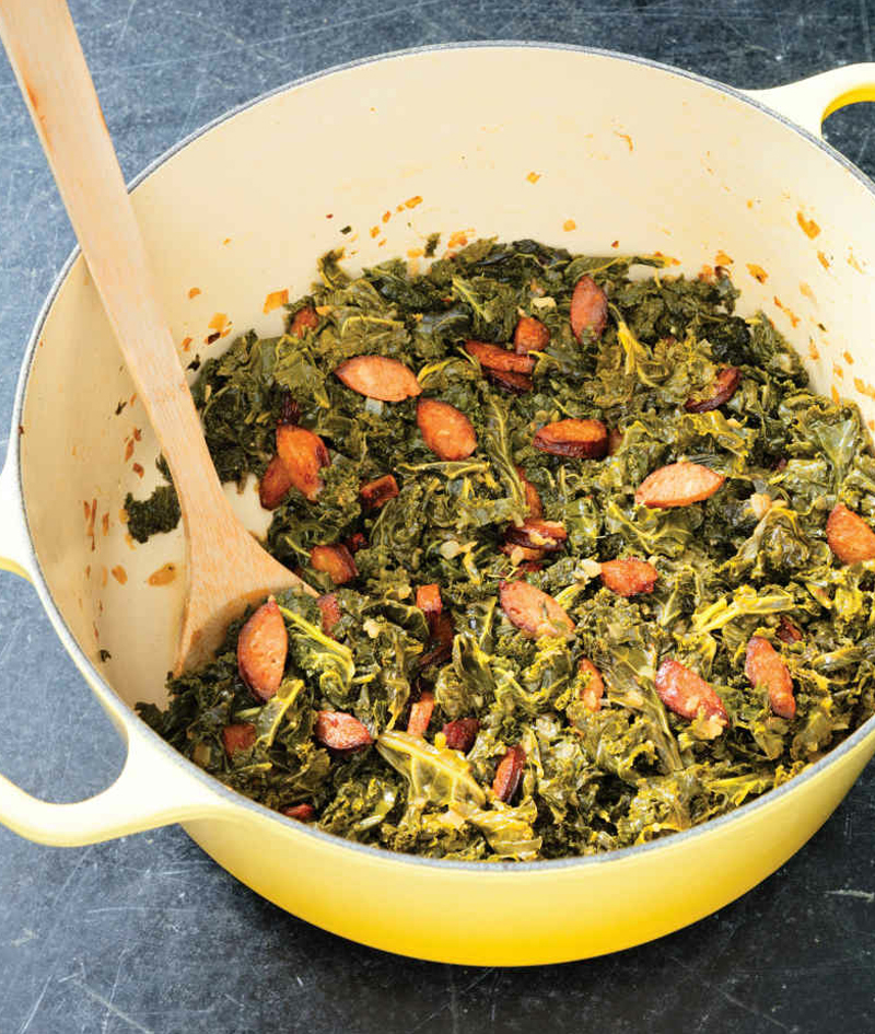 Braised winter greens with chorizo recipe