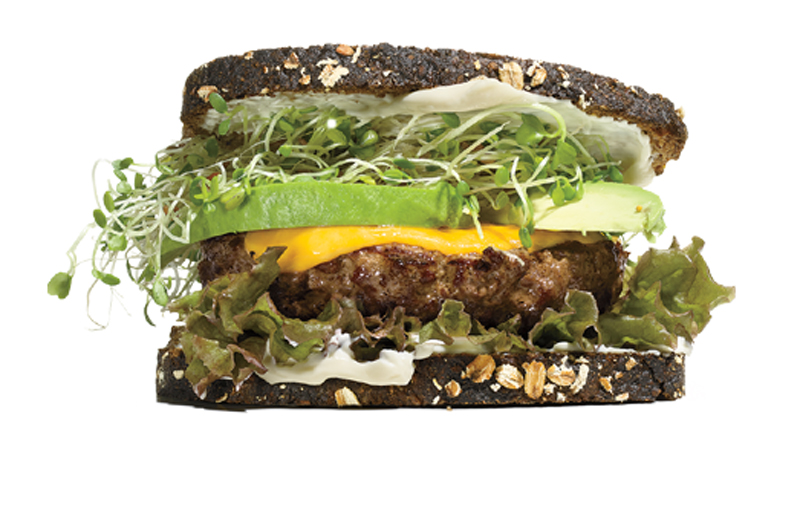 Burger with cheddar, avocado, and sprouts recipe