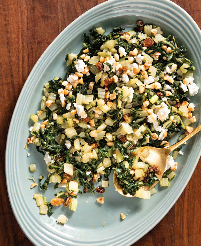 Garlicky swiss chard with goat cheese and golden raisins recipe