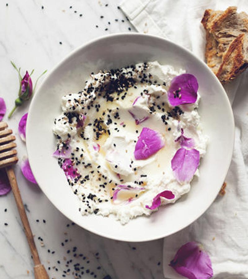 Labneh with rose petals, sesame, and honey recipe