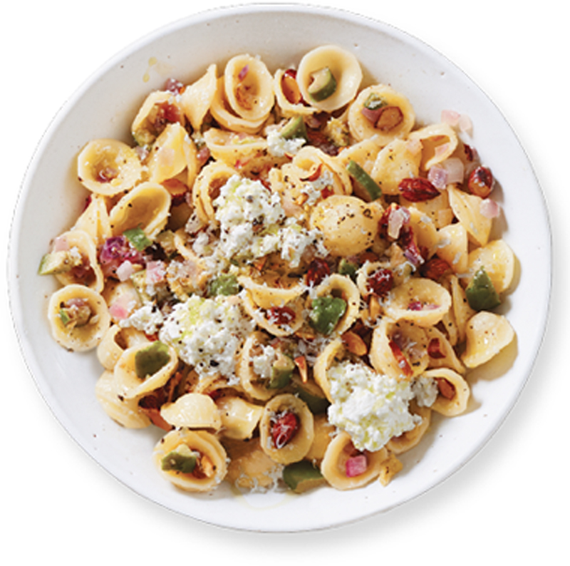Orecchiette with red onions, almonds, and green olives recipe