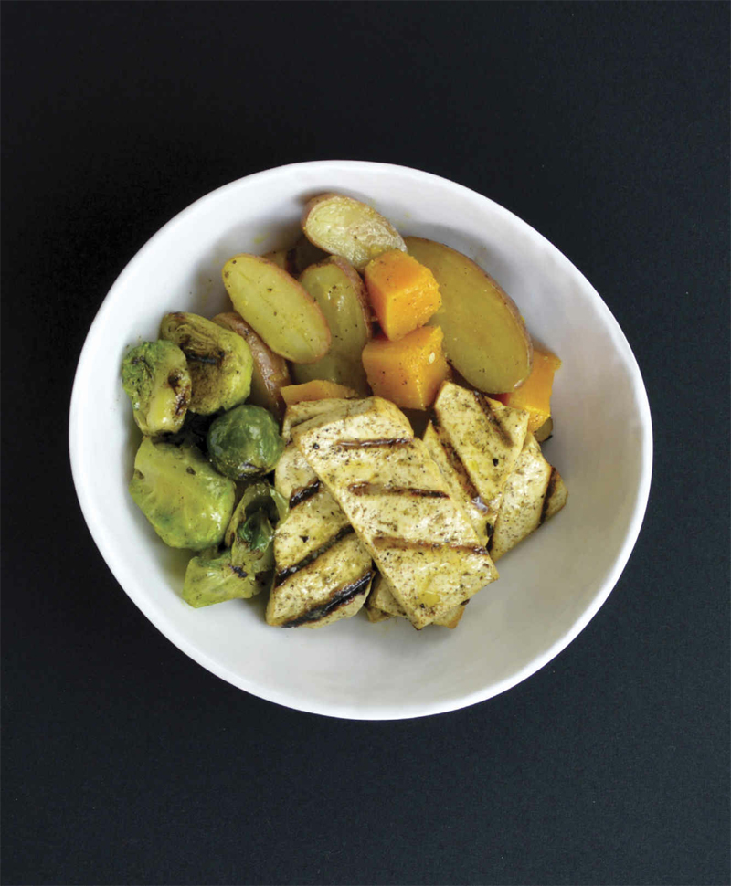 Sausage-style tofu bowl with squash and potatoes recipe