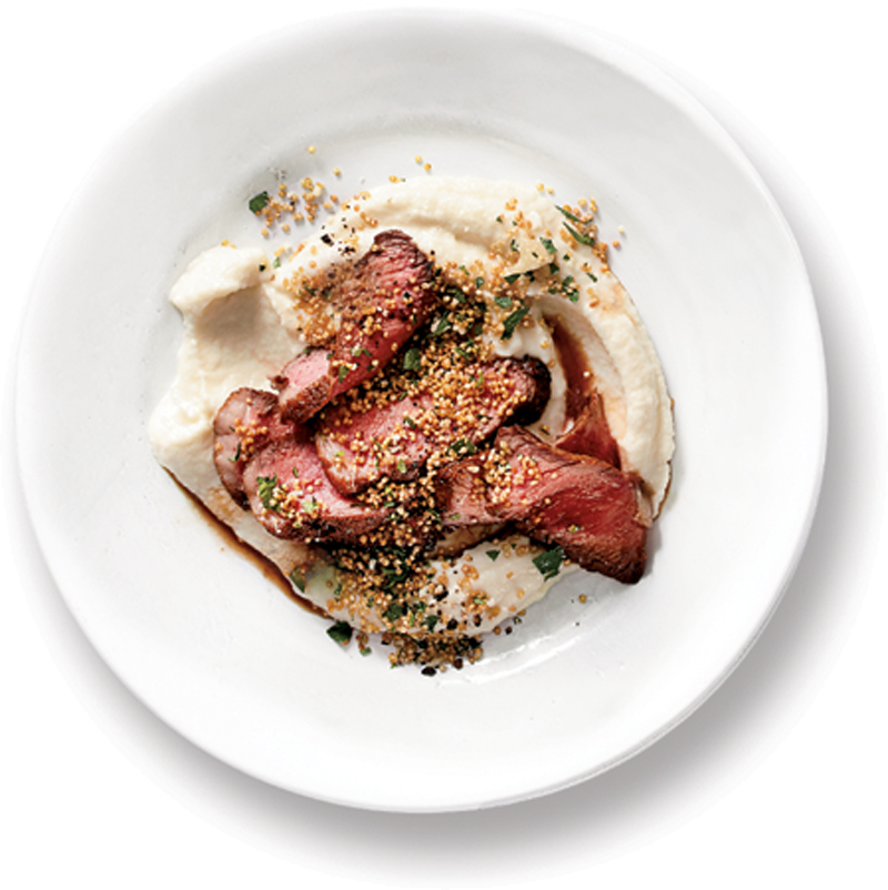 Steak with cauliflower puree and crispy quinoa recipe