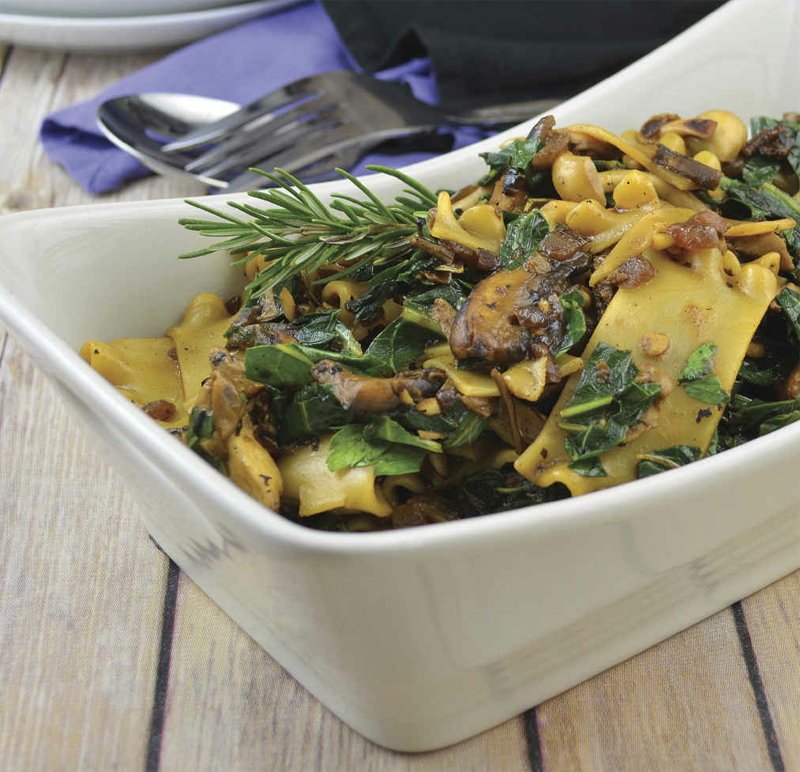 Wide noodle and collard bowl with wild mushroom ragout recipe