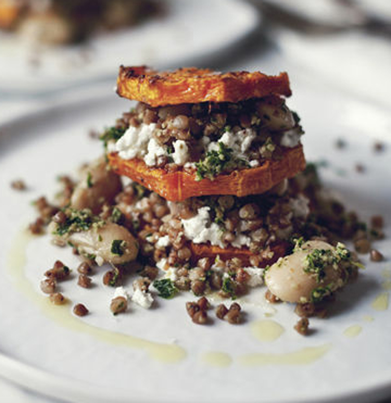 Butternut stacks with kale pesto, kasha, and butter beans recipe