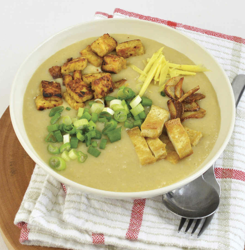 Congee bowl with tempeh and scallions recipe