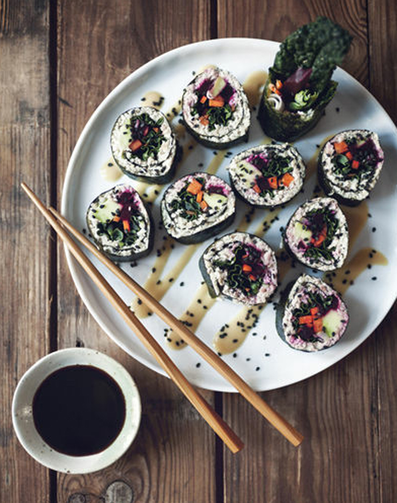 Grain-free black kale sushi rolls with white miso ginger sauce recipe