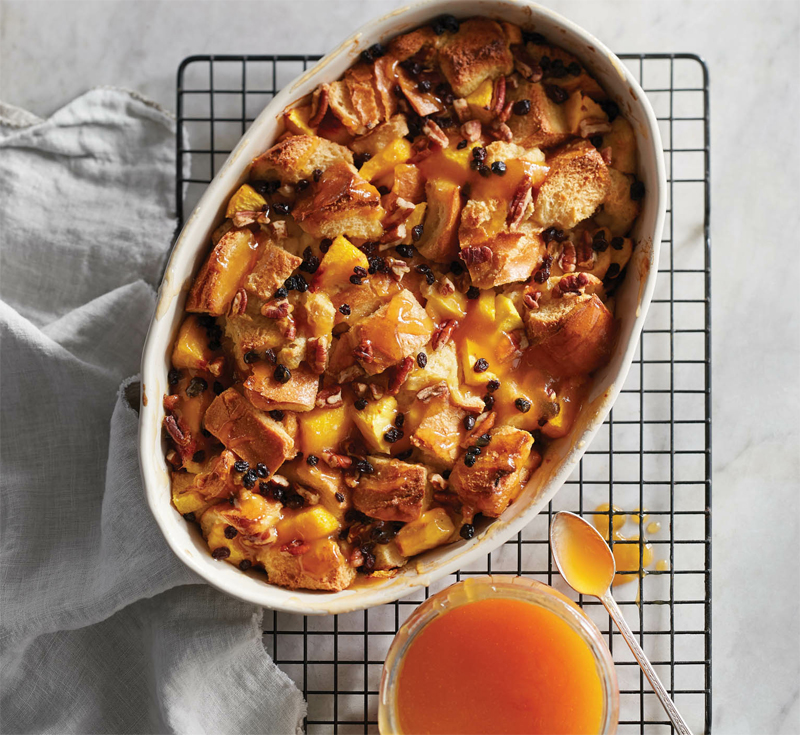 Peach bread pudding with rum peach coulis recipe