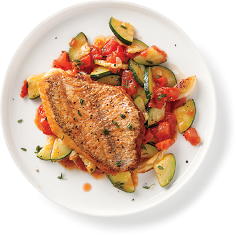 Seared snapper with sauteed zucchini and tomatoes recipe