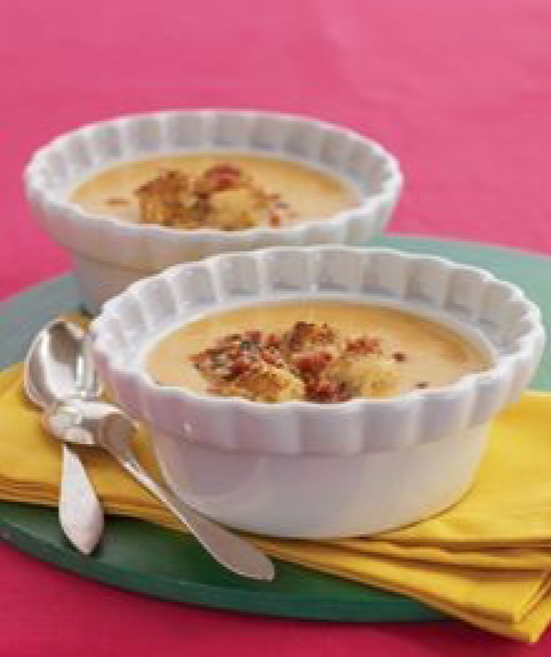 Sweet potato soup with pancetta-rosemary croutons recipe