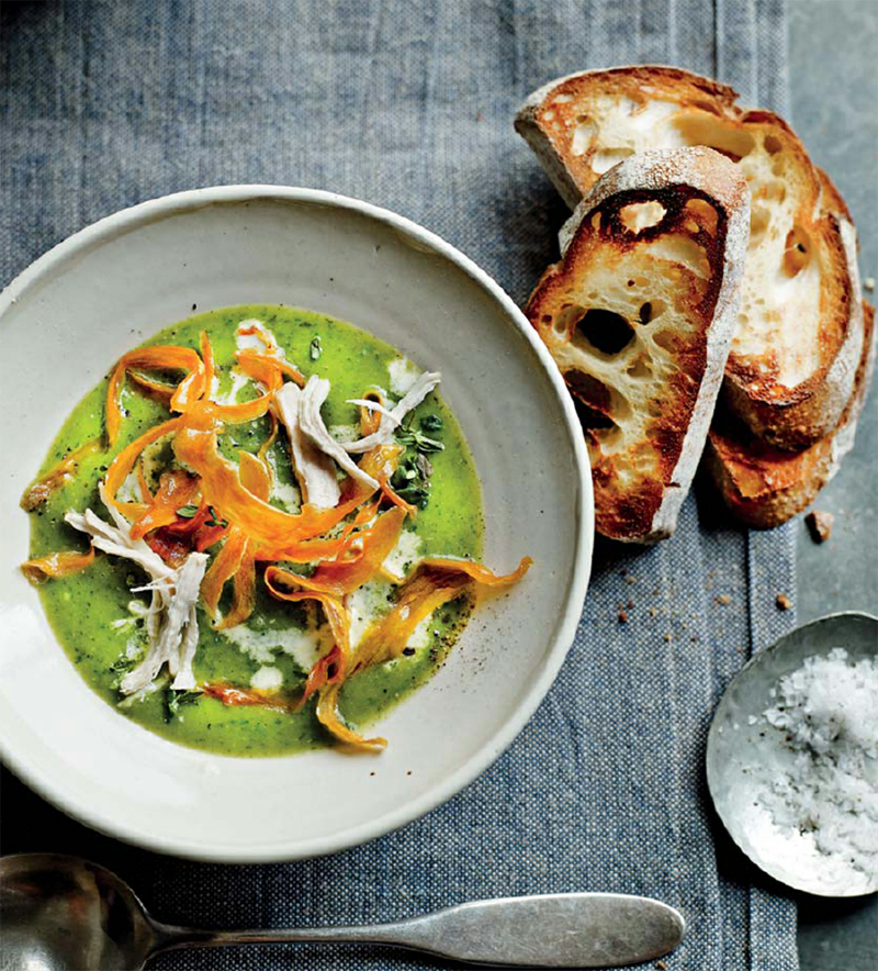 Chicken & watercress soup with vegetable crisps recipe