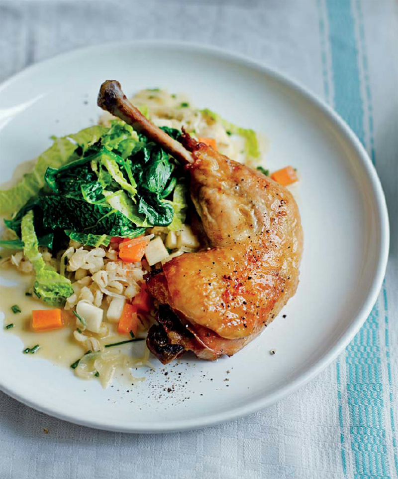 Confit chicken with herb pearl barley recipe
