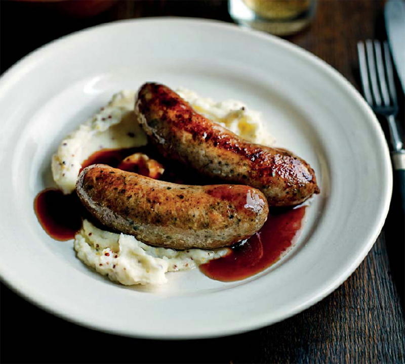 Homemade chicken & pancetta sausages with mustard mashed potatoes recipe