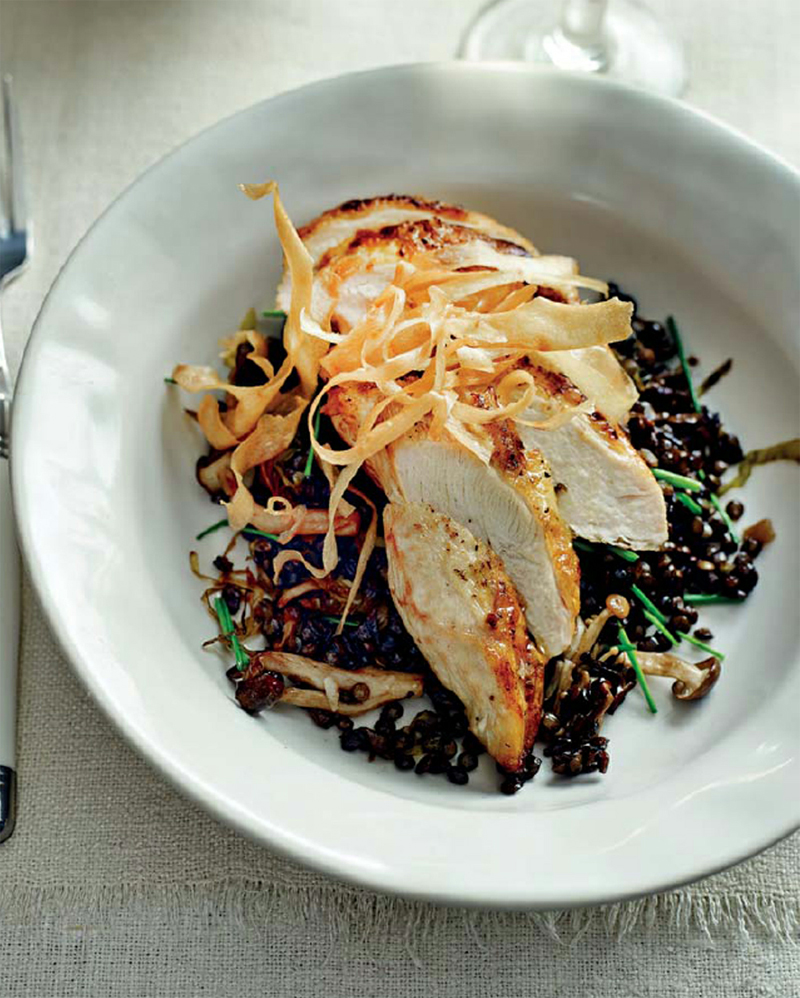 Roast chicken with mushroom & leek lentils recipe