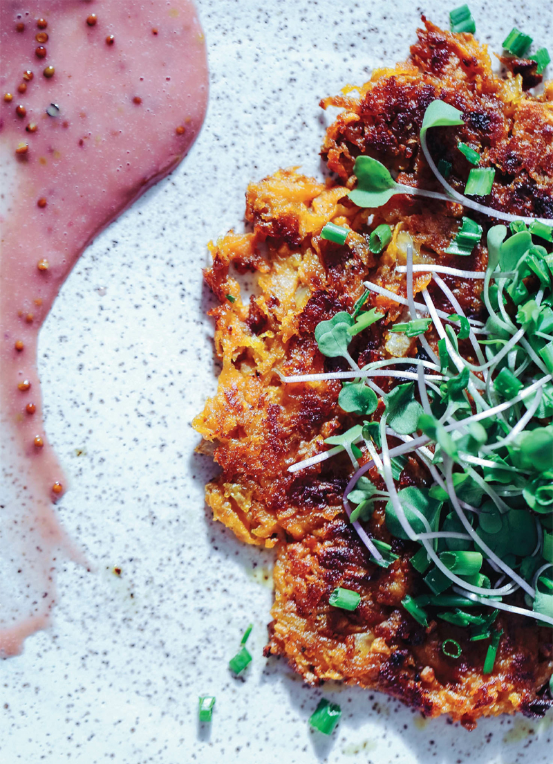 Sweet potato hash browns with huckleberry mustard sauce recipe