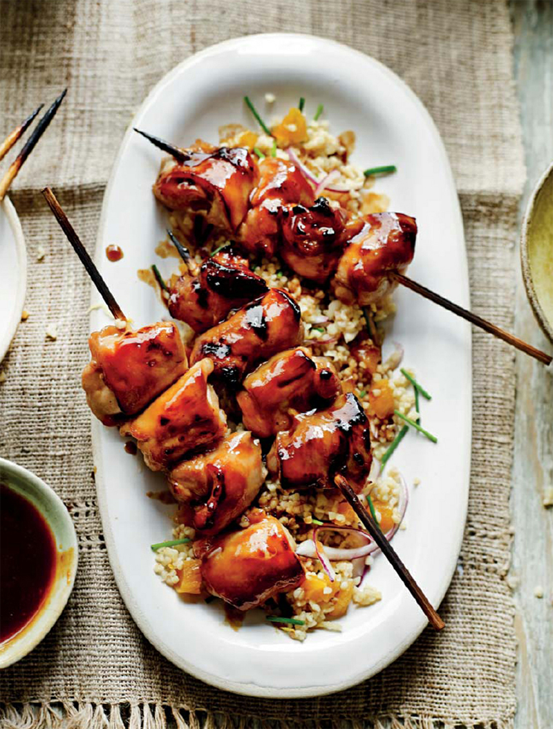 Yakitori chicken with apricot bulgur recipe