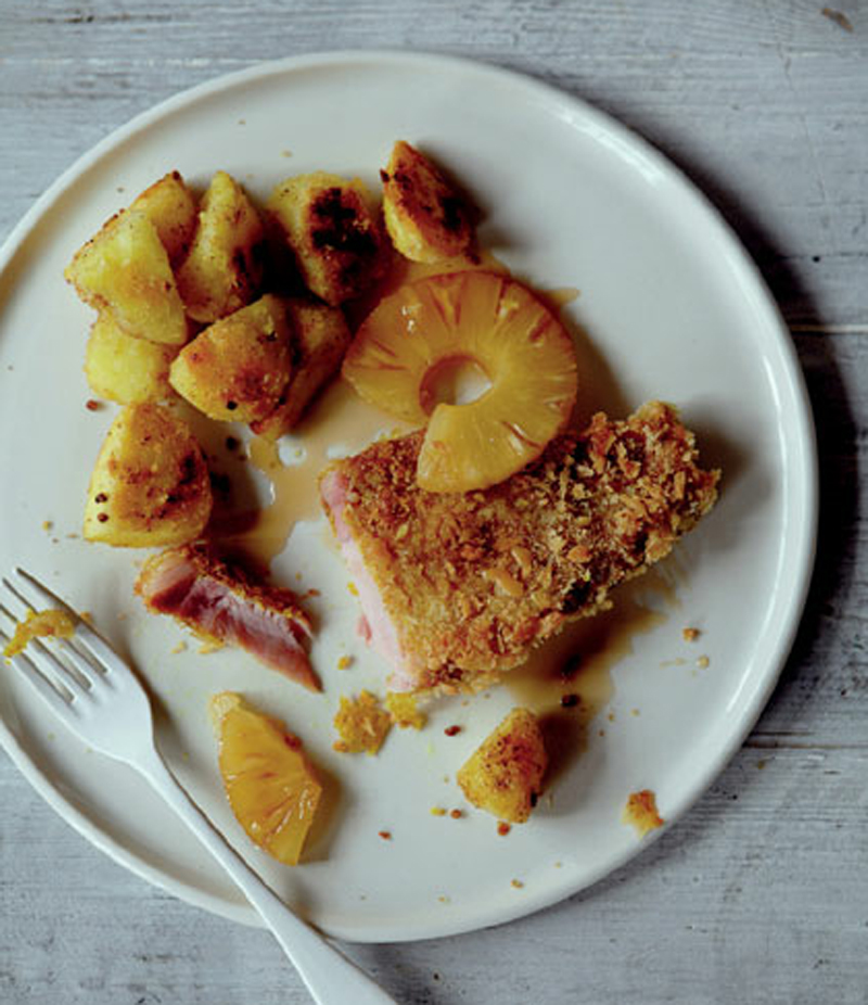 Bacon chops with glazed pepper pineapple & fenugreek potatoes recipe