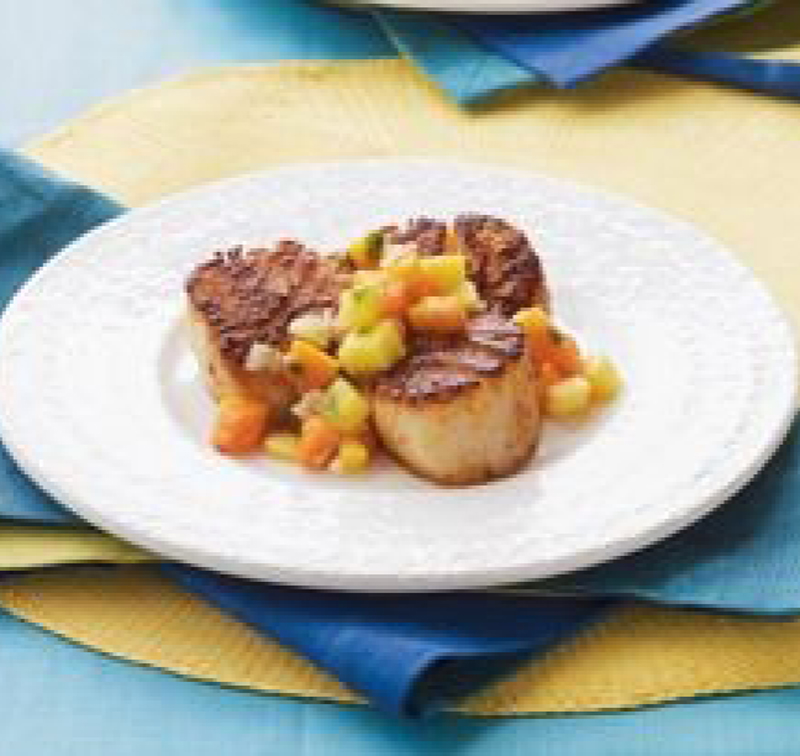 Chile-crusted scallops with mango-papaya salsa recipe